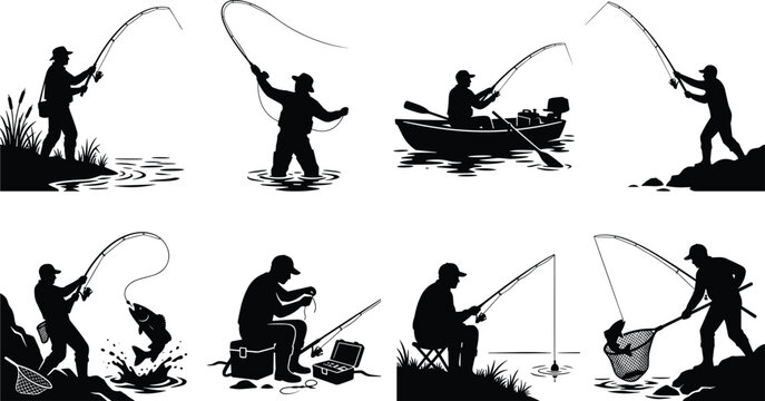 Fishing Activity Silhouette Collection Featuring Anglers Casting Fly Fishing Boat Fishing and Freshwater Recreation