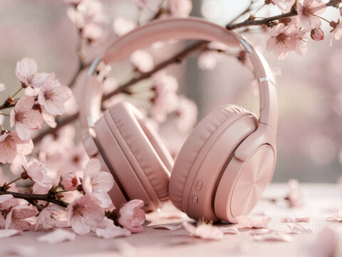 A Pair of Pink Headphones Surrounded by Delicate Cherry Blossoms in a Soft Pastel Setting