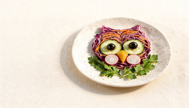 A playful owl-shaped vegetable salad arranged with cucumber, radish and leafy greens