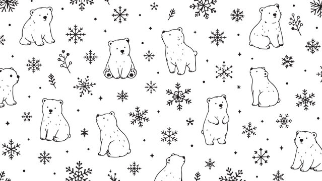 A playful black and white polar bear pattern with snowflakes and winter stars