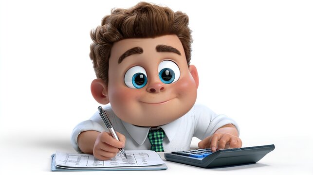 Young boy calculating with a calculator, cartoon style