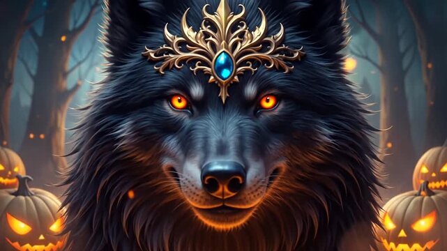 Majestic Black Wolf King with Golden Crown in Dark Halloween Forest