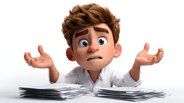 Confused Character with Papers: A confused animated character shrugs with a bewildered expression, surrounded by stacks of papers, symbolizing overwhelm and uncertainty.