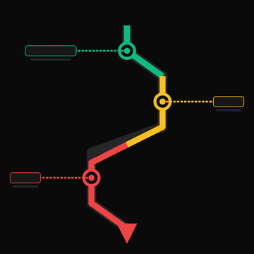 Professional infographic timeline illustrating a vertical downward process with three stages on a dark black background