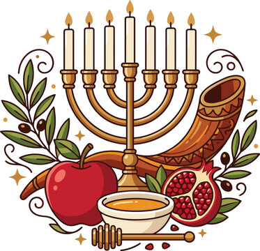 Jewish Holidays Vector Illustration Featuring Golden Menorah Shofar Horn Red Apple Honey and Pomegranate for Rosh Hashanah Yom Kippur and Hanukkah Designs