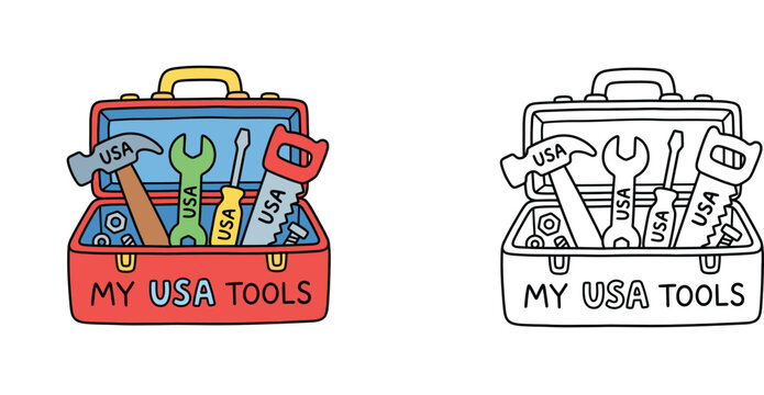 Cute USA tools toolbox cartoon vector illustration set, including color and black and white line art coloring page for kids DIY craft and repair concept.