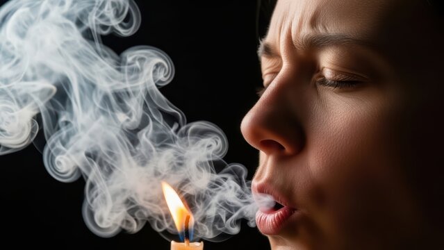 Close profile of female blowing thick smoke from extinguished candle.