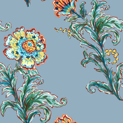 Naklejka premium Rococo baroque damask floral seamless pattern watercolor jacobean chinoiserie retro vintage style