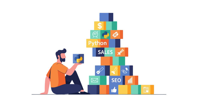 Python Programming and Digital Marketing Business Growth Concept Illustration - Man Building Career with Coding, SEO, and Sales Skills Stack