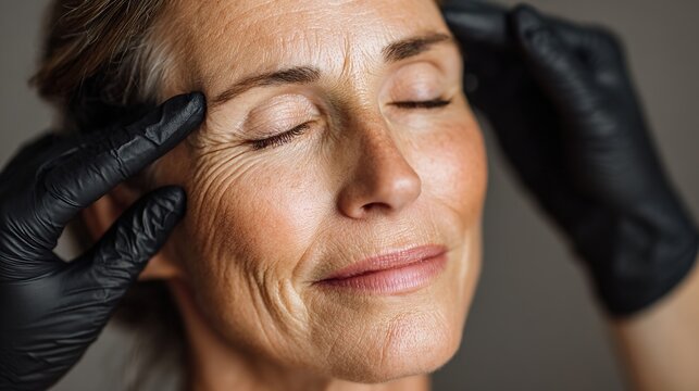 Professional aesthetician assessing forehead wrinkles and fine lines on mature female patient.