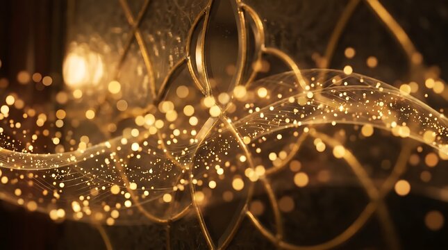 Sparkling Gold Fiber Optic Lights in Dark Background.