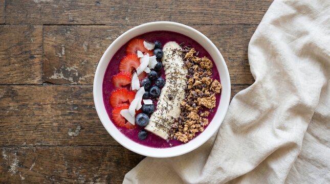 Deep purple dragonfruit smoothie bowl garnished with a row of sliced bananas, chia seeds, strawberry hearts, blueberries, and cacao nibs