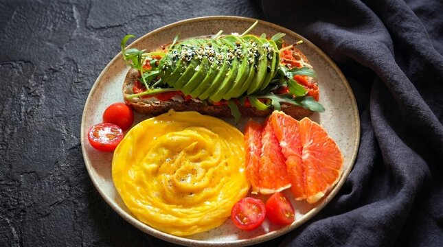Healthy breakfast option featuring mashed avocado toast, a round swirled omelet egg, blood orange slices, and ripe tomatoes.