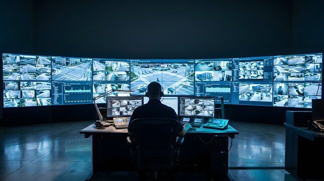 Security operator monitoring data across multiple screens in a dark control room