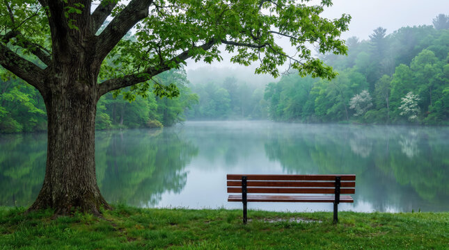 Empty wooden bench by misty lake under large green tree in summer.