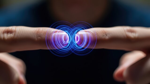 Blue magical energy rings transferring between two touching human fingers.