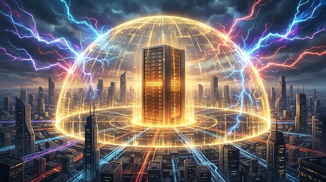 Futuristic data center server tower protected by a glowing energy shield in a city