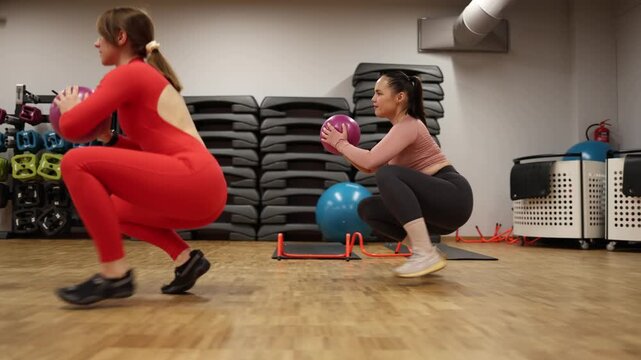 Lower body strength and endurance improve through synchronized medicine ball squat walks as two women perform a functional fitness exercise together in the gym