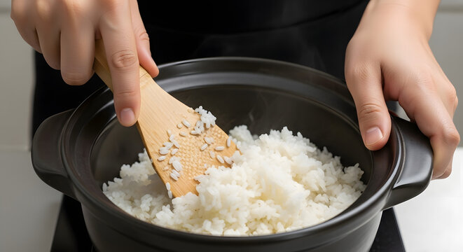 Adult Asian male person is seen cooking and stirring a white rice in Asian way against a grey kitchen background