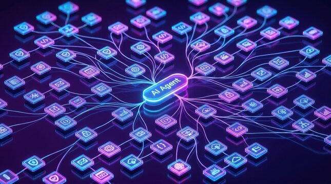 Artificial intelligence agent centralized network hub illustrating digital connectivity and advanced machine learning systems with glowing data nodes and interconnected neural pathways for tech
