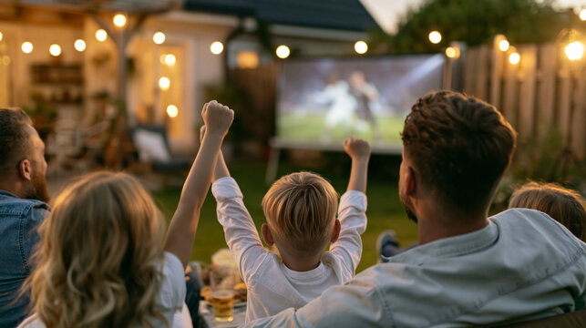 Family enjoying an outdoor movie night in the backyard, watching a live soccer game on a projector screen and celebrating a goal