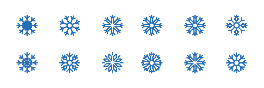 Snowflake icons set, blue snowflake icons collection, winter frost symbols, isolated on transparent background vector illustration.