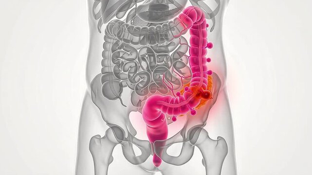 3D Medical Animation of Colon with Diverticulitis and Inflamed Intestine Anatomy