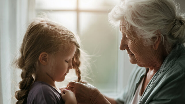 Grandmother carefully braiding her granddaughter's hair indoors, symbolizing family love, care, and intergenerational connection