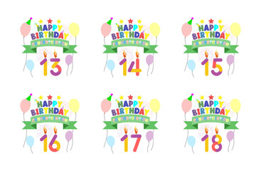 Fototapeta premium These vibrant birthday graphics feature cheerful designs for ages thirteen to eighteen with festive elements. Colorful birthday celebration graphics for ages thirteen to eighteen
