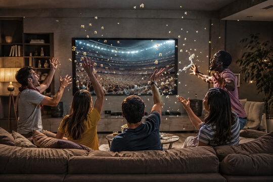 Excited group of diverse friends cheering and throwing popcorn while watching a soccer match on a large TV screen in a cozy living room. Home entertainment and indoor sports fan concept.
