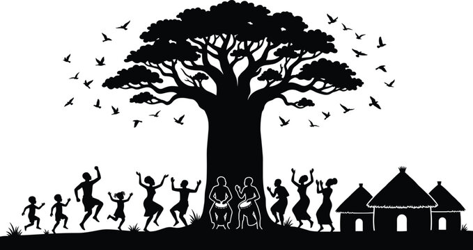 Vector Silhouette of African Tribe Dancing and Playing Drums Under a Large Baobab Tree