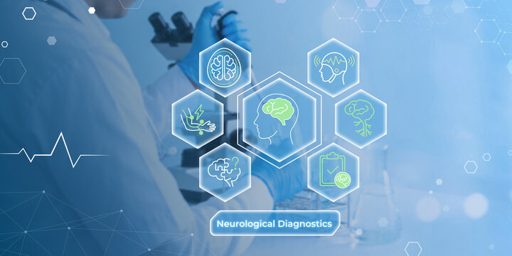 Modern neurological diagnostics illustration featuring brain health icons and medical professional working with technology