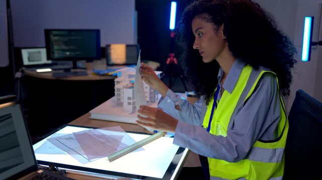 Female engineer reviewing architectural blueprints and construction planning documents in modern digital design workspace with illuminated drafting table