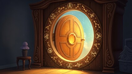 Fototapeta premium Round wooden portal framed by star constellations opening to sky.