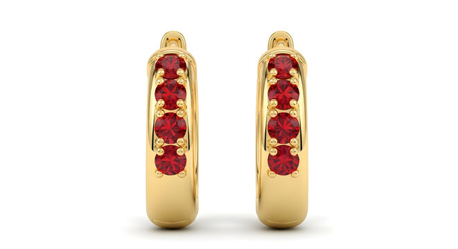 Gold hoop earrings with red gemstones and yellow accents