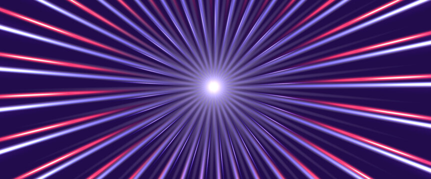 Radial motion effect. High speed light rays, zoom in motion blur effect, starburst dynamic lines and hyperspace jump. Vector abstract tunnel through space background.