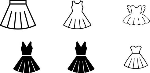 Fototapeta premium Collection of various women's fashion dress and skirt icons in both outline and solid black vector style design elements.