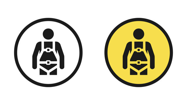 Safety harness mandatory sign icon set, industrial fall protection symbol, colored silhouette safety requirement, construction workplace warning sign.