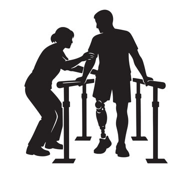 Physical Therapist Assisting Man with Prosthetic Leg Using Parallel Bars For Rehabilitation Concepts