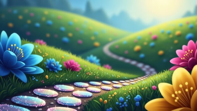 Winding stone path through bright spring meadow with giant flowers.