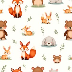 Naklejka premium Cute forest animals like foxes bunnies and bears playing together in nature