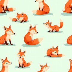 Naklejka premium Cute foxes sitting and resting in a soft pastel background pattern