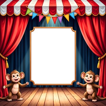 Two monkeys cheerfully stand on stage under colorful circus curtains