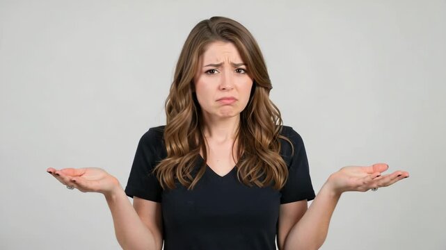 Woman shrugs, showing indifference or confusion. Her hands open, palms up. She wears a dark T-shirt. Background is plain and neutral. Expression conveys uncertainty. No animals or plants are present