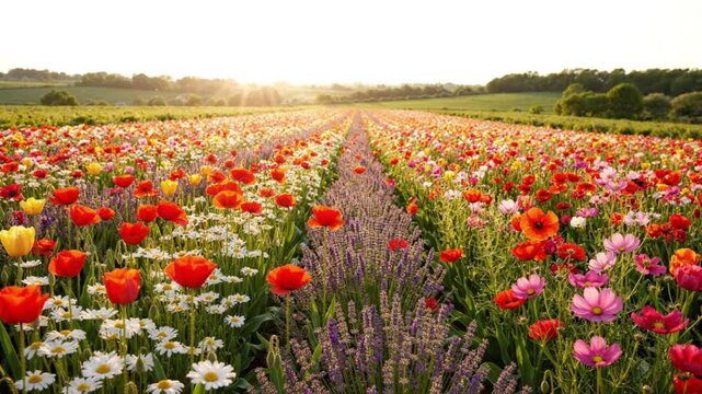 Stunning colorful wildflower field with poppies daisies and lavender at sunset during golden hour