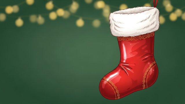 Illustrated red Christmas stocking hanging on green background with bokeh.