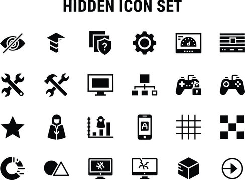Collection of various black interface elements and system symbols for software navigation and user controls