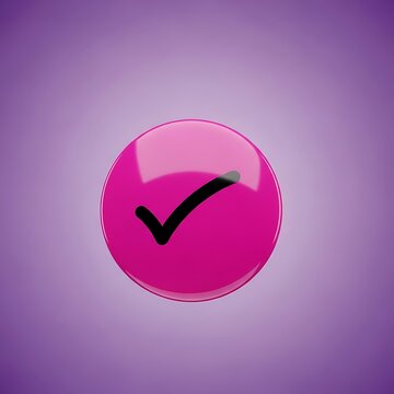 3d render of a glossy pink button with a black checkmark icon