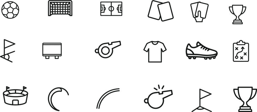 Football and Soccer Icon Set - Outline Vector Graphics for Sports, Tournament, and Match Analysis
