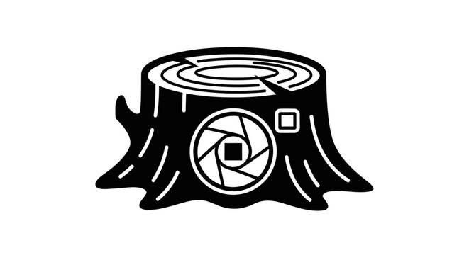Tree stump icon with a camera lens shutter aperture